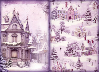 Junk journal page, purple winter and new year holiday