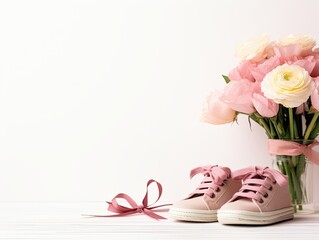 Colorful Bouquet of Flowers in a Glass Vase Alongside a Pair of Sneakers