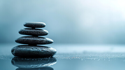 Zen stones stacked in water with a serene blue background and reflection in water.