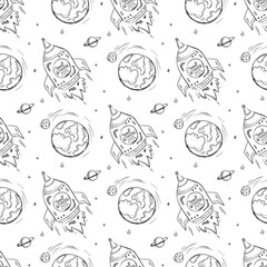 Doodle ufo seamless pattern. Space black and white texture wallpaper for adult and kids with cute alien character, rocket and planets.