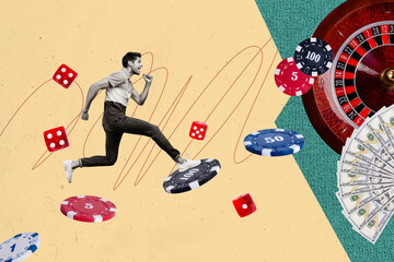 Creative photo collage young happy man running towards jackpot win casino roulette black red roll...