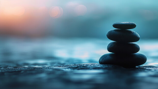 Zen stones stacked in water with a serene blue background and reflection in water.