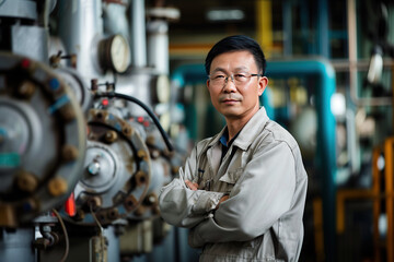 horizontal image of a middle age asian maintenance engineer technician Generative AI