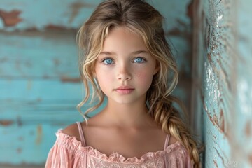 A close-up portrait of a little girl .She is a pretty, sweet, attractive, curious, creative, cheerful girl