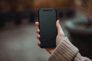 close up horizontal image of a female hand holding a blank scree smartphone Generative AI