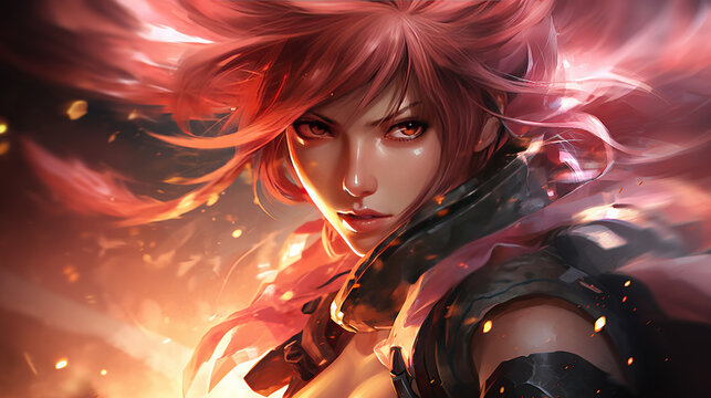 close up horizontal image of a manga style female warrior Generative AI