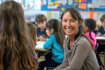 horizontal image of a happy primary school teacher smiling in the classroom surrounded by children Generative AI
