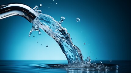 Close up of modern faucet with cascading water and dynamic movement in bright light