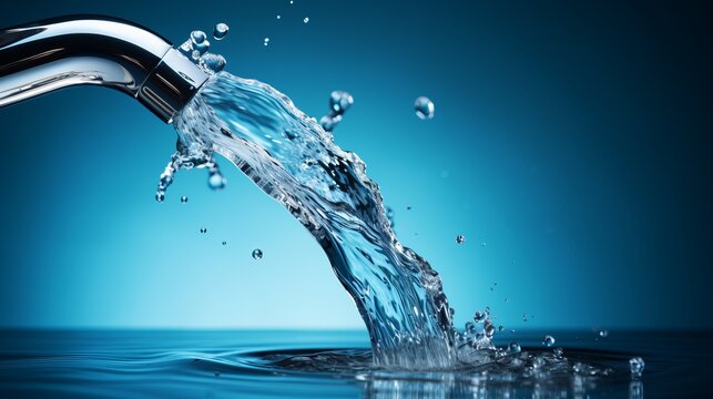 Close up of modern faucet with cascading water and dynamic movement in bright light