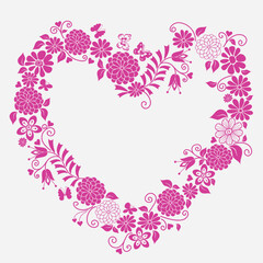 Vector decorative hand drawn spring monochrome pink frame with floral heart isolated on white background