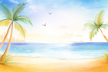 Fototapeta na wymiar A beach setting with palm trees, golden sun, and blue sea , cartoon drawing, water color style