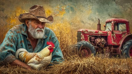 Obraz premium farmer with his pet white bantam rooster, The setting is in front of an old red tractor in a field