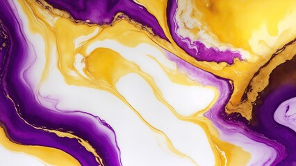 luxury Yellow Gold and Purple abstract fluid art painting in alcohol ink technique