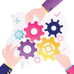 Business people team colleagues connecting cogwheel gears. Business integration, partnership to get solution, connection or teamwork, work efficiency,