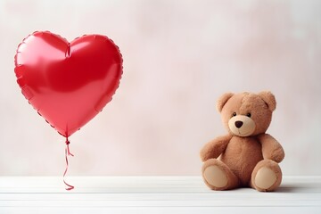  A cute teddy bear sitting with heart balloon on white background,