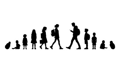 Vector illustration. Growing up children. Set of silhouettes of people.