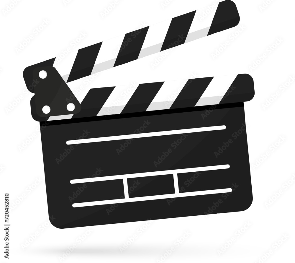 Poster black clapper board icon with button player in flat style. clapperboard vector illustration. movie f