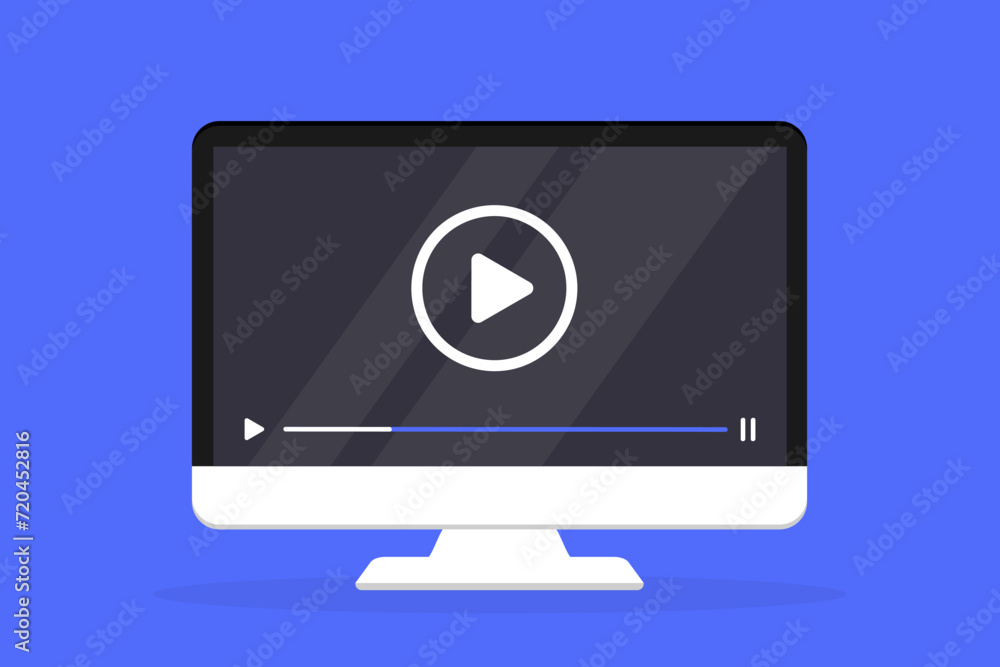 Poster computer screen with video player on screen. monitor with player. display with multimedia frame. onl