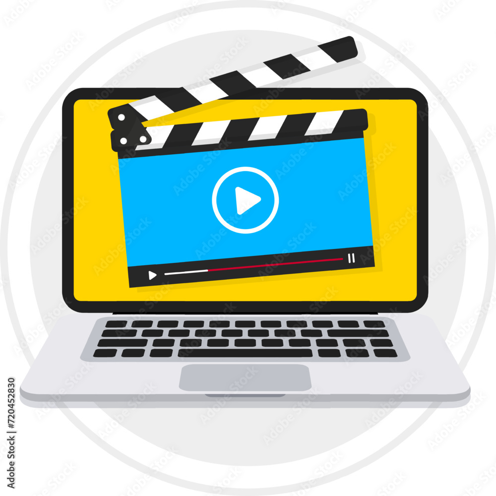 Poster laptop with video player on screen. clapperboard with online video player. video tutorial. online mo