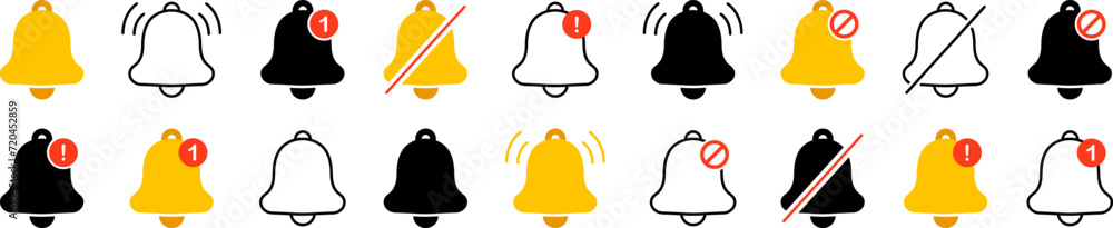 Aufkleber Notification bell icon set. Notice message. Alarm symbol. Incoming inbox message. New message notification icon. Ringing bells, new notification for clock and smartphone, alarm alert