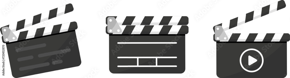 Poster set of black clapper board icon with button player in flat style. clapperboard vector illustration. 