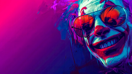 A neon-drenched, psychedelic portrait of a person wearing sunglasses, reflecting a vivid explosion of colors on a striking purple background.