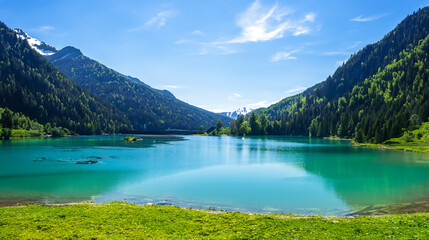 Naklejka na ściany i meble Peaceful landscape of the lake in the mountains