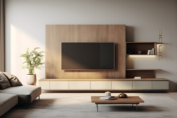 A living room with a minimalist wall mounted entertainment tv 