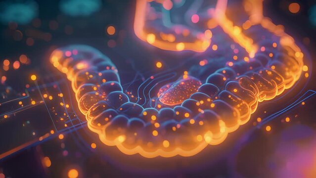 A detailed holographic image of a digestive system pointing out areas of inflammation or obstruction for gastroenterologists to diagnose.