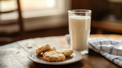 A glass of milk with a homemade biscuit on the side