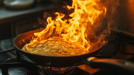 A frying pan on fire in which a pancake is cooked - obrazy, fototapety, plakaty