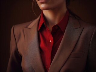 Woman Wearing Red Shirt and Brown Jacket