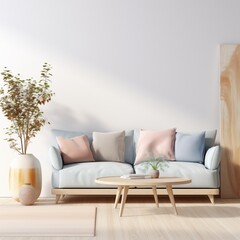Fototapeta na wymiar modern calm living room with sofa and mockup for painting, empty space for text 