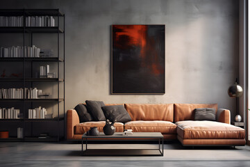 A living room with a minimalist wall mounted steel book