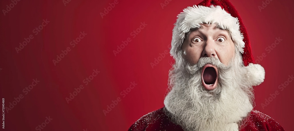 Poster startled santa claus with wide eyes, isolated on red background with copy space for text placement