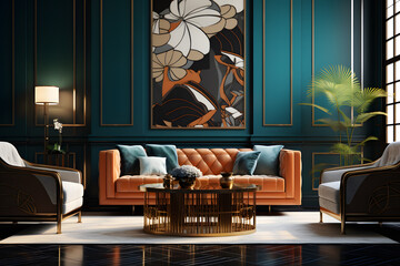  A living room with a mix of Art Deco and Hollywood Regency style - obrazy, fototapety, plakaty