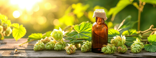 jar with essential oil extract of hop oil on a wooden background