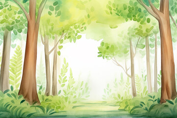 A cool shaded view under a canopy of trees in a dense forest , cartoon drawing, water color style