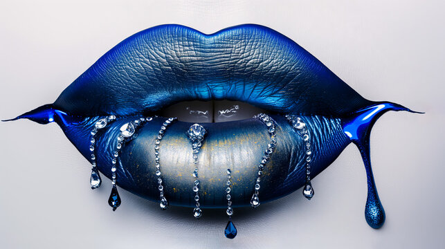 Piar of dripping blue human lips with diamonds cut out and isolated on a white background.