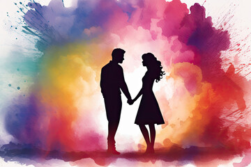Women's Day, Silhouette Loving Couple, Man and Woman hand holding Watercolor Painting Illustration Abstract Background for 8 March, Wedding Anniversary, Valentine's Day