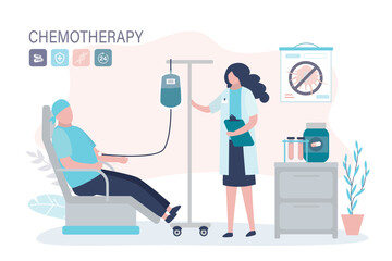 Sick man in hospital. Woman nurse help patient with cancer disease. Male character oncology patient with dropper getting chemo.