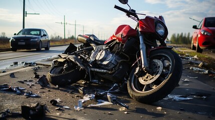 Close up of motorcycle accident on the road with injured rider and damaged vehicle in daylight