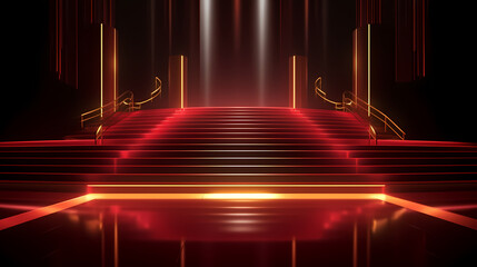 Red carpet on the stairs on dark background, the way to glory, victory and success