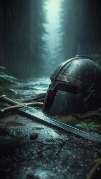 Medieval helmet and sword abandoned in a rainy forest, epic cinematic atmosphere