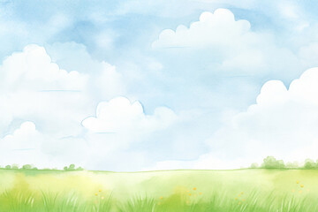 Fototapeta na wymiar A lush green meadow under the blue sky with cumulus clouds , cartoon drawing, water color style