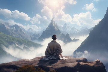 Buddha Sitting in Lotus Pose, Worship Himalaya Mountains, Meditating Man, Back View, Sky Background - obrazy, fototapety, plakaty