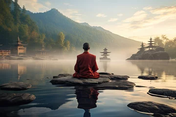  Buddha Sitting in Lotus Pose, Worship Himalaya Mountains, Meditating Man, Back View, Sky Background © RBGallery