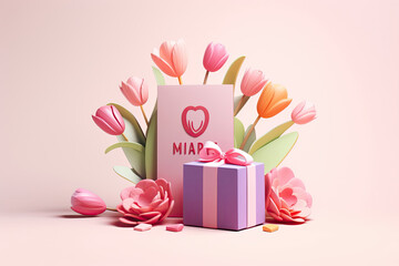 3D Gift Box with Tulip Pink Flowers, Mother's Day Postcard Message Greeting Card for Wedding, Anniversary, Valentine's Day