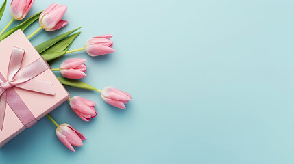 Obraz na płótnie Canvas Mother's Day, Top View Photo of Bunch of Pink Tulips Bouquet and Blue Gift Box with Ribbon on Isolated Pastel Blue Background