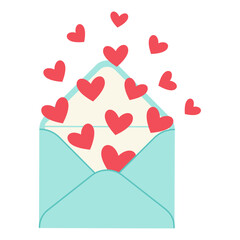 Valentine letter in envelope with flying hearts. Postal envelope, letter love message with flying hearts, isolated on white background. Happy Valentines Day. To my love. Vector illustration